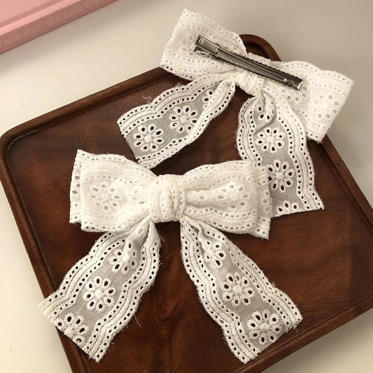 Ivory Schiffli Lace Bow Hair Clip