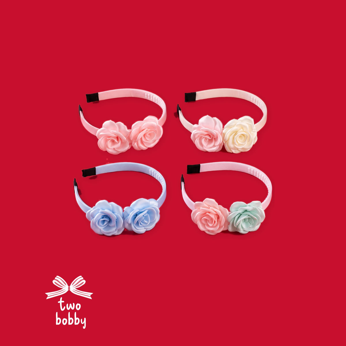 Organza Flower Headband, all four colours on the two bobby red