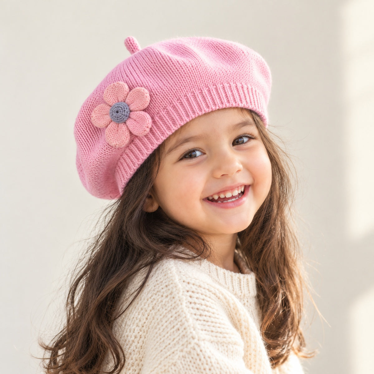 two bobby Parisian Knit Beret – Flower – pink, worn