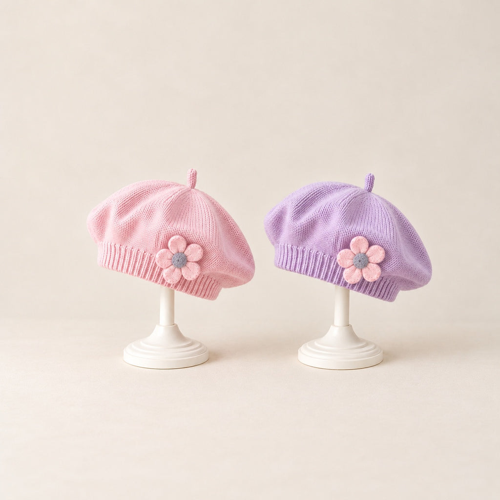 two bobby Parisian Knit Beret – Flower – pink and purple