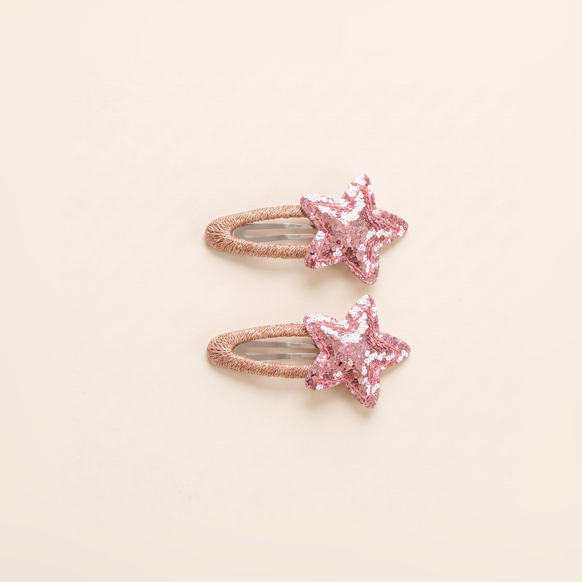 Pink Sparkle Star Tic Tacs - Pair, two rose gold snap clips with pink sequin stars
