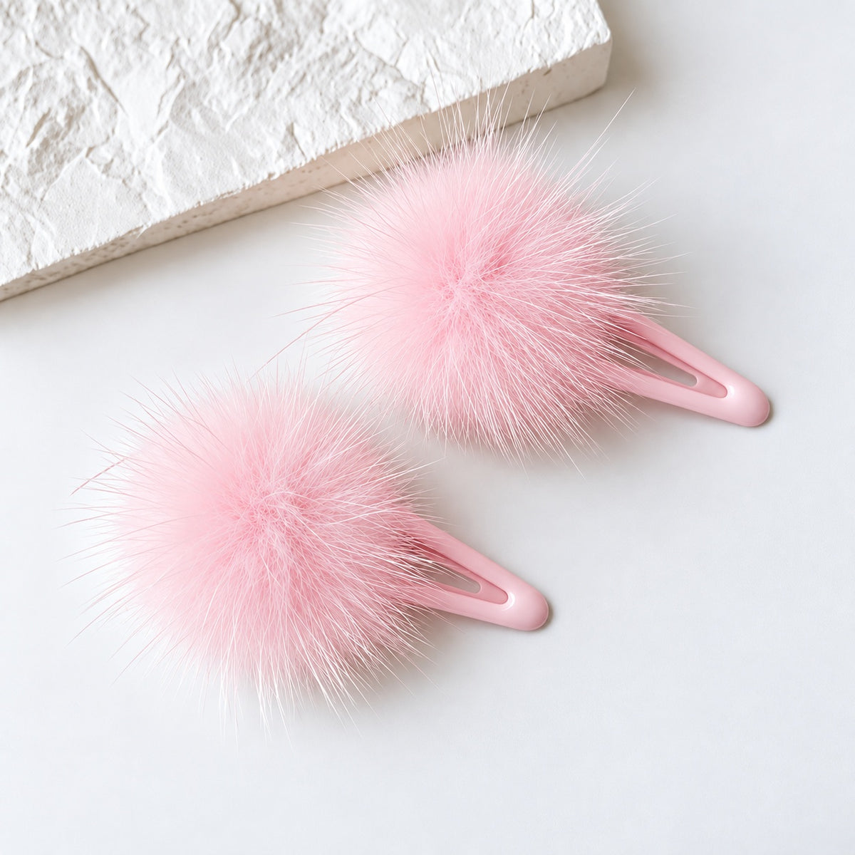 two bobby Fluffy Faux Fur Pom Pom Clips - Pair – blush pink