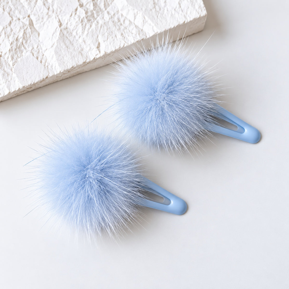 two bobby Fluffy Faux Fur Pom Pom Clips - Pair – light blue