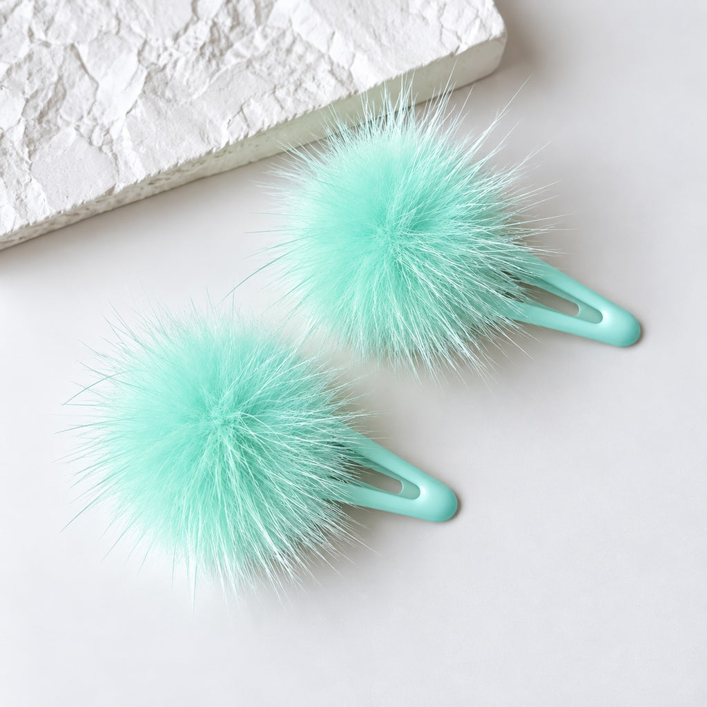 two bobby Fluffy Faux Fur Pom Pom Clips - Pair – mint green