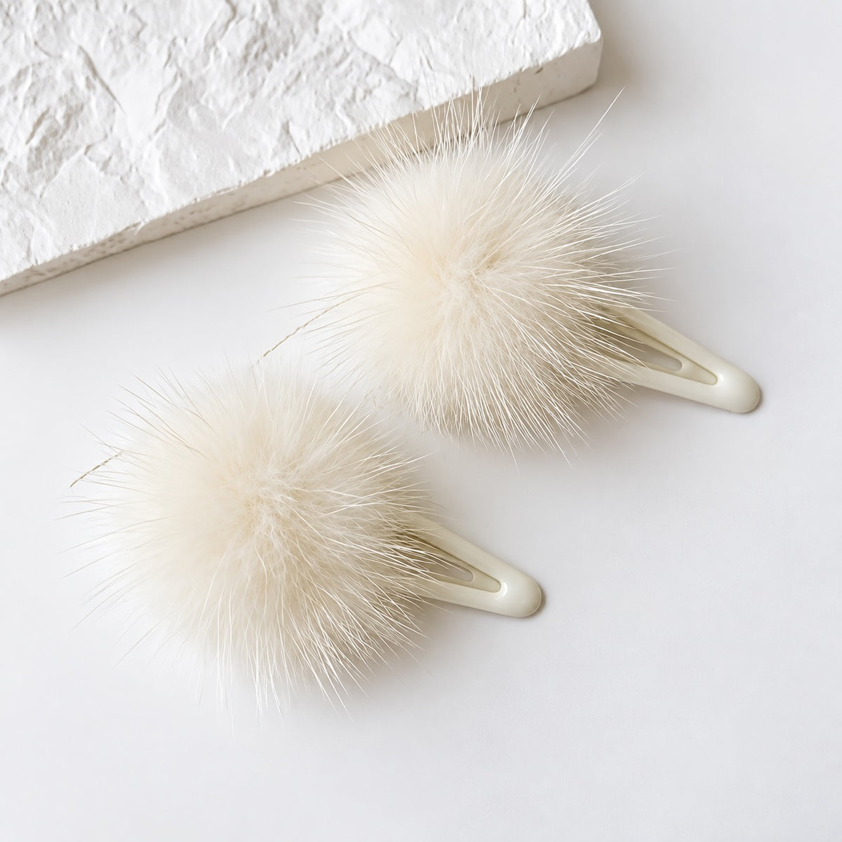 two bobby Fluffy Faux Fur Pom Pom Clips - Pair – beige