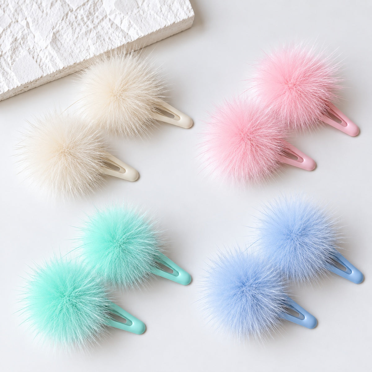 two bobby Fluffy Faux Fur Pom Pom Clips – Pair – all four colours