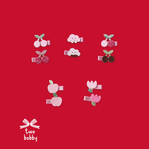 Pastel Dreams Hair Clips, all five designs on the two bobby red