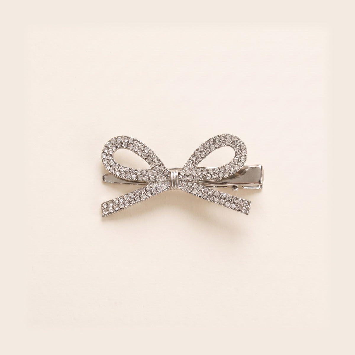 Silver Rhinestone Bow Hairpin - Single, rhinestone bow on a steel duckbill clip