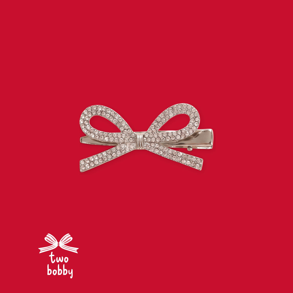 Silver Rhinestone Bow Hairpin on the two bobby red