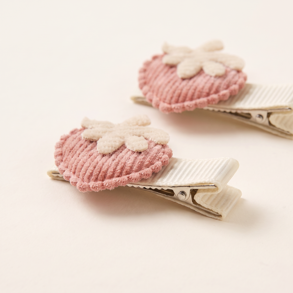 two bobby Corduroy Strawberry Clips, corduroy close-up
