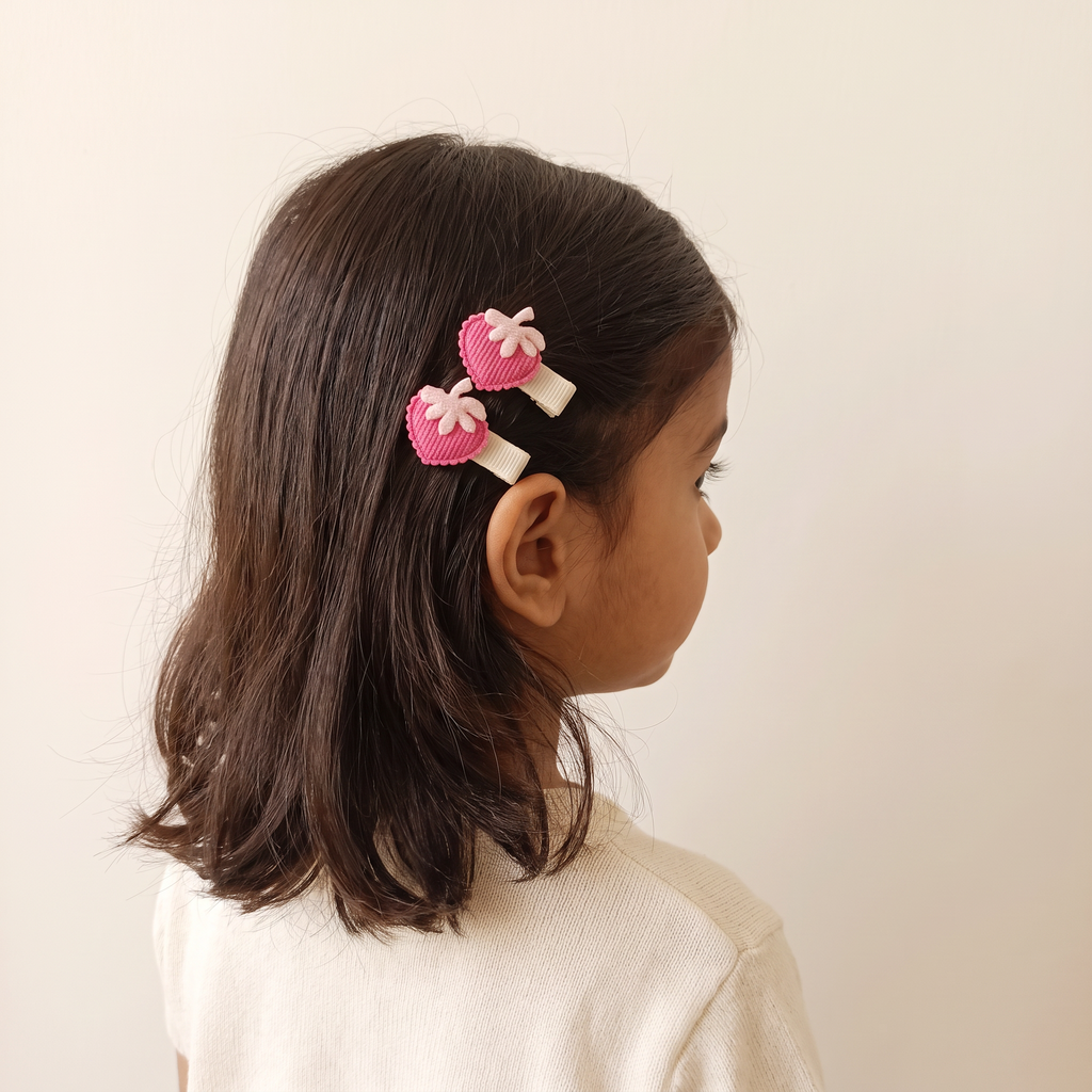 two bobby Corduroy Strawberry Clips – Hot Pink, worn