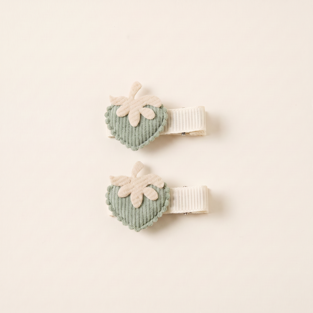 two bobby Corduroy Strawberry Clips – Sage Green, pair