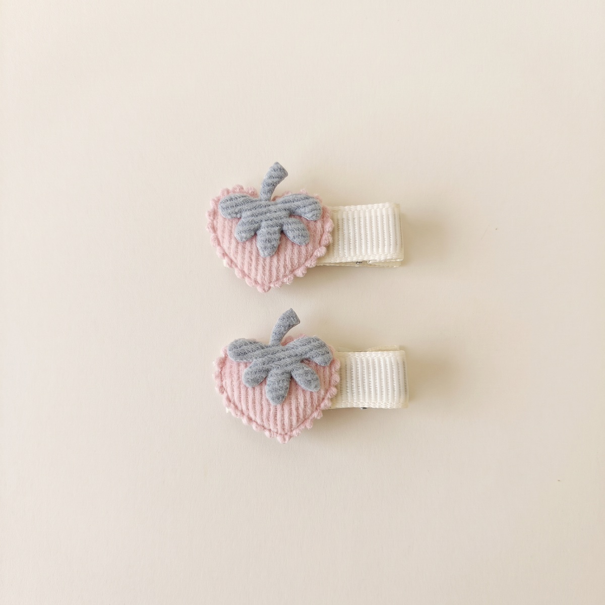 two bobby Corduroy Strawberry Clips – Blush Pink with blue-grey leaf, pair
