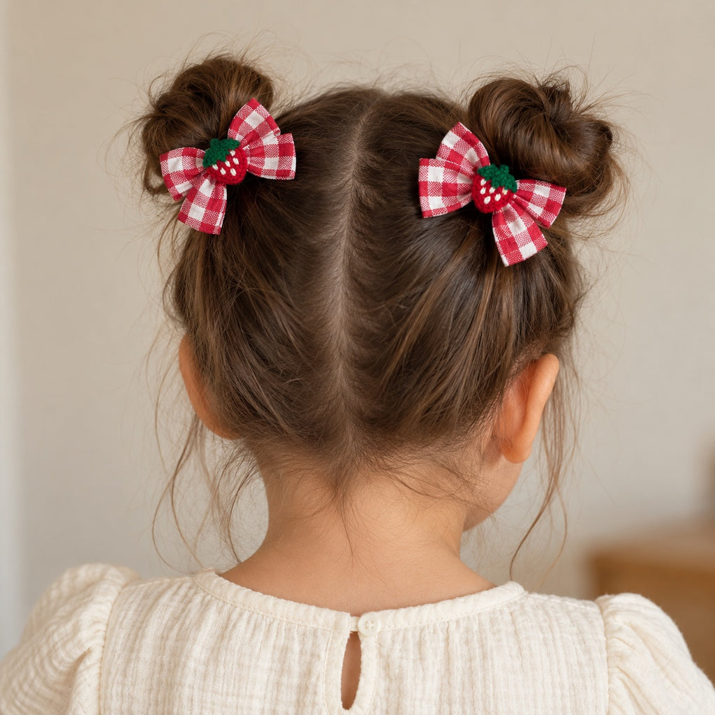 two bobby Red Gingham Strawberry Bow Clips – Pair – worn in two buns