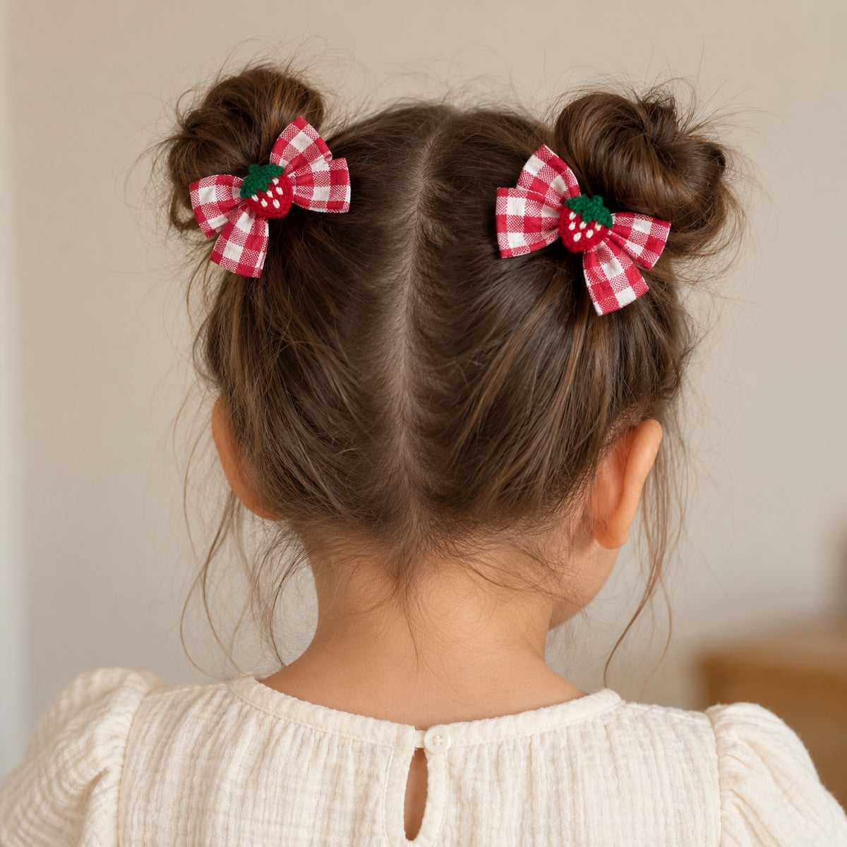 two bobby Red Gingham Strawberry Bow Clips – Pair – worn in two buns