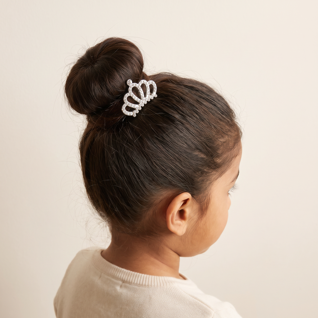 two bobby Crystal Crown Tiara Comb – Silver, worn in a top bun