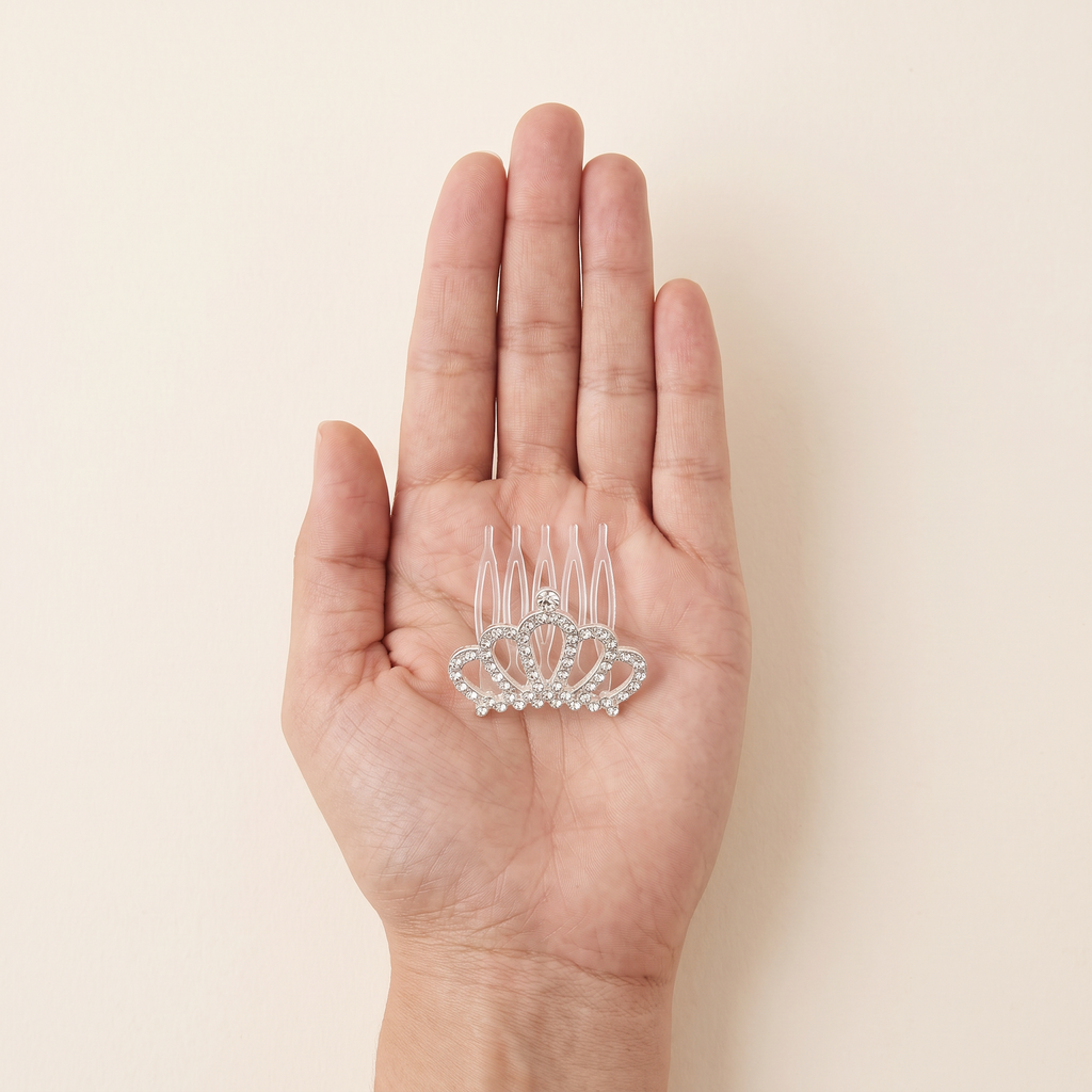 two bobby Crystal Crown Tiara Comb – Silver, size in hand