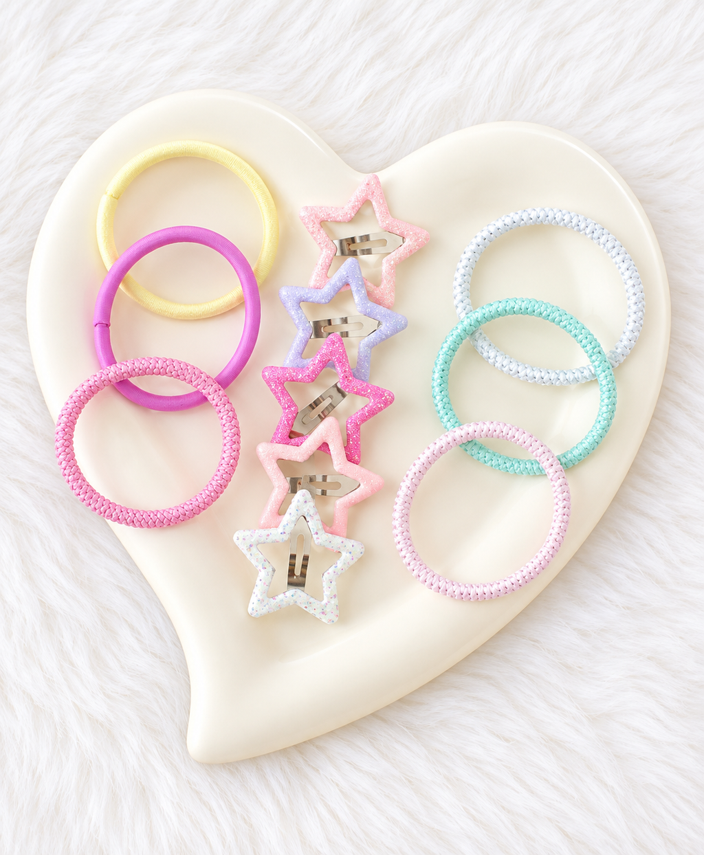 two bobby Silver Star Tic Tacs & Pastel Hair Ties Set – star clips close-up