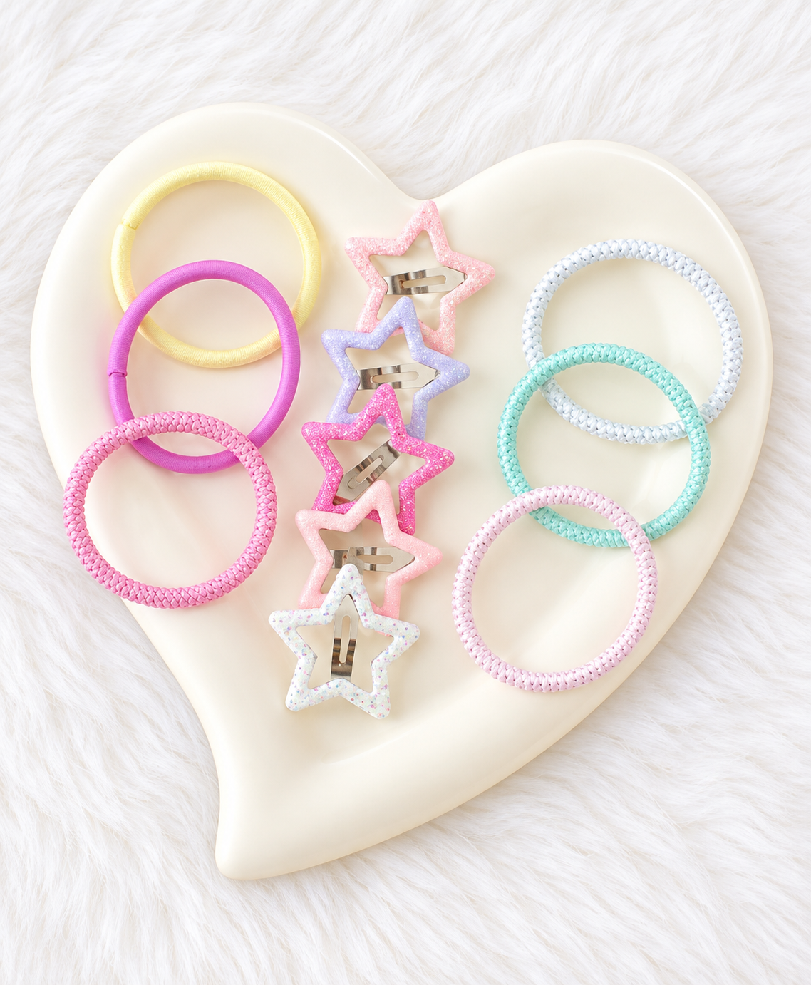 two bobby Silver Star Tic Tacs & Pastel Hair Ties Set – star clips close-up