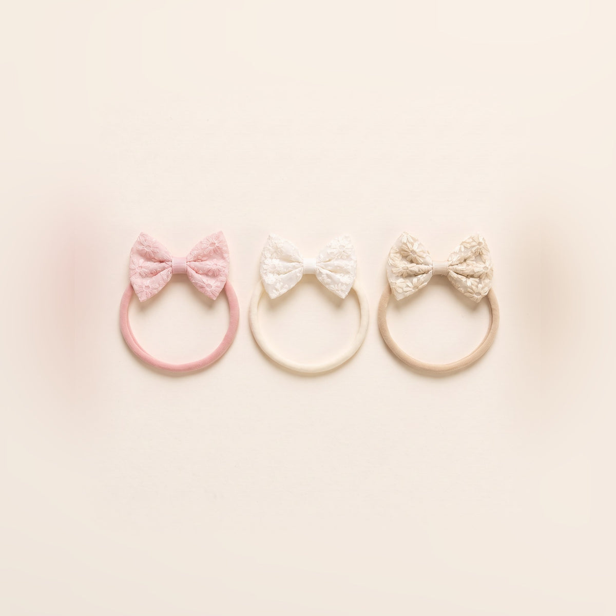 Bohemian Lace Baby Headbands - Pack of 3, pink, ivory and beige lace bows