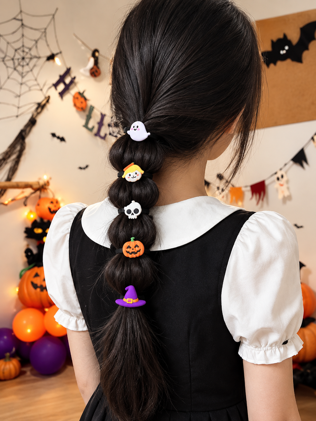 Girl's braid styled with Halloween hair ties