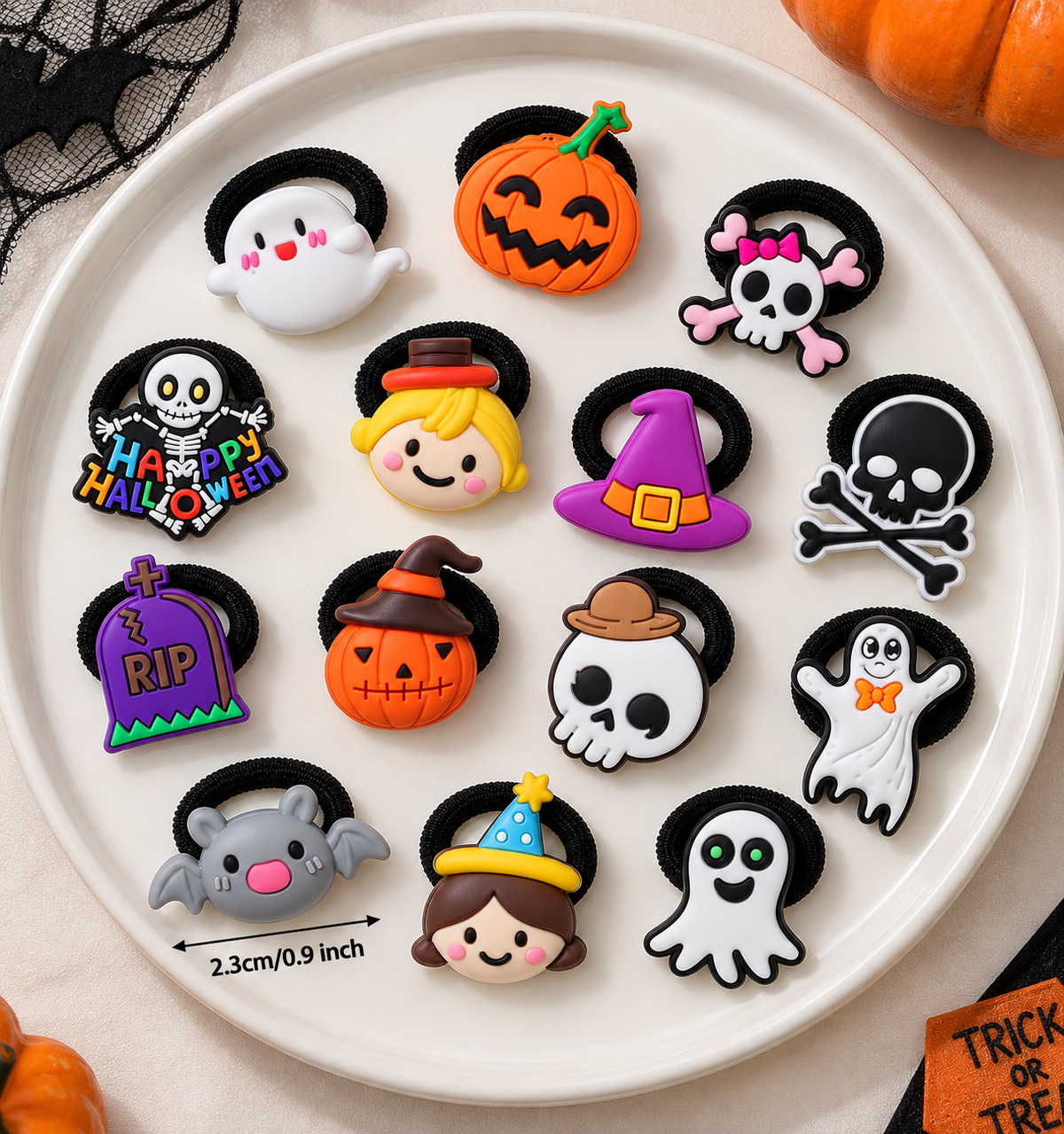 The range of Halloween hair tie designs; each set has 4 assorted