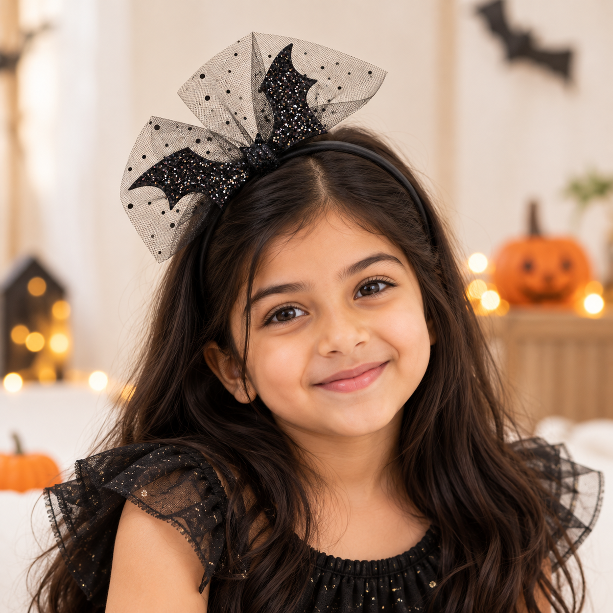 Girl wearing the Sparkle Bat Halloween headband