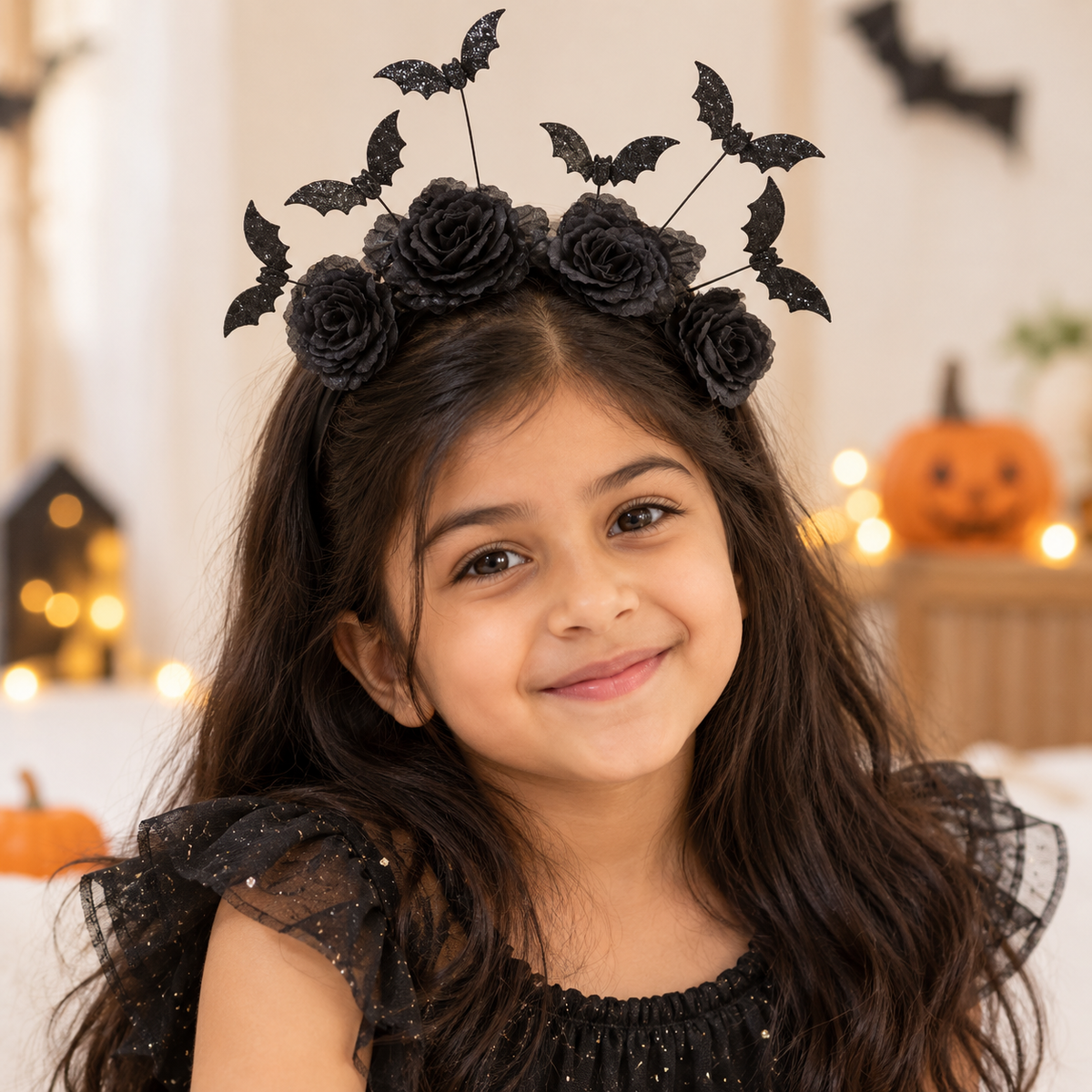 Girl wearing the Bat & Rose Halloween headband
