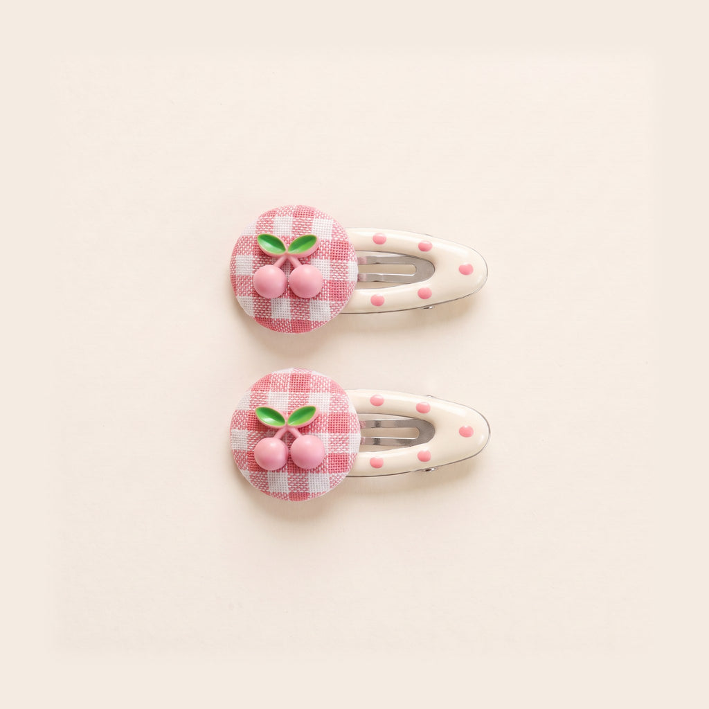 Cherry Gingham Hair Clips - Pair, pink gingham cherry snap clips