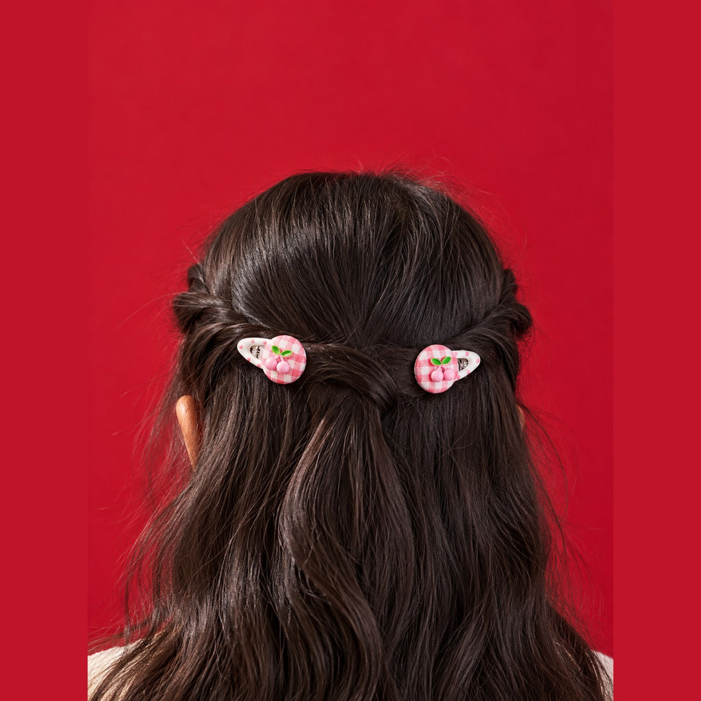 Cherry Gingham Hair Clips worn in a half-up hairstyle