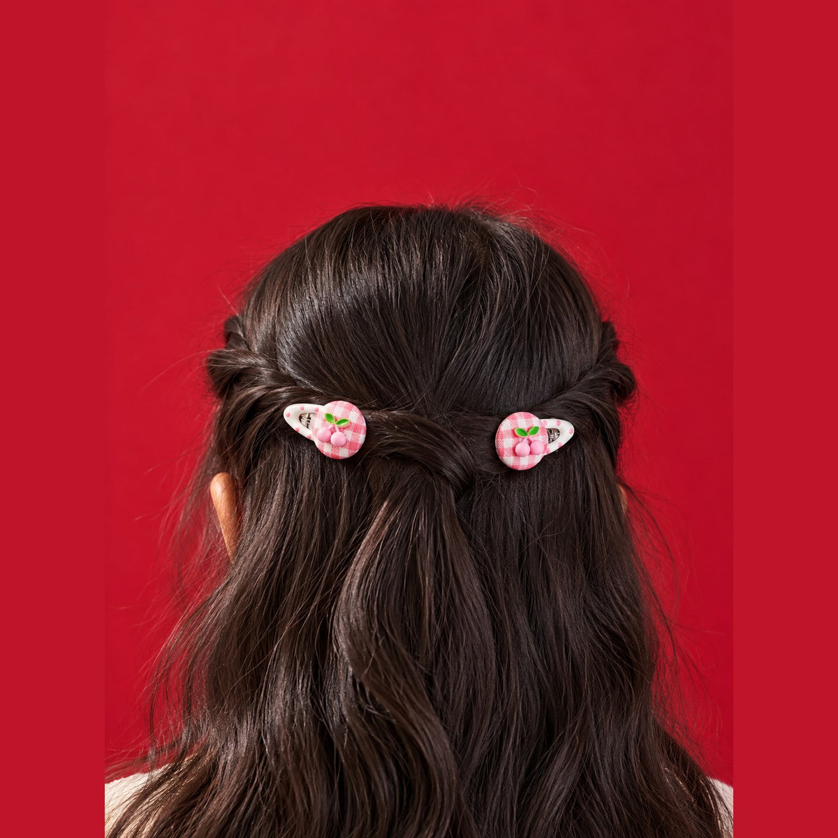 Cherry Gingham Hair Clips worn in a half-up hairstyle