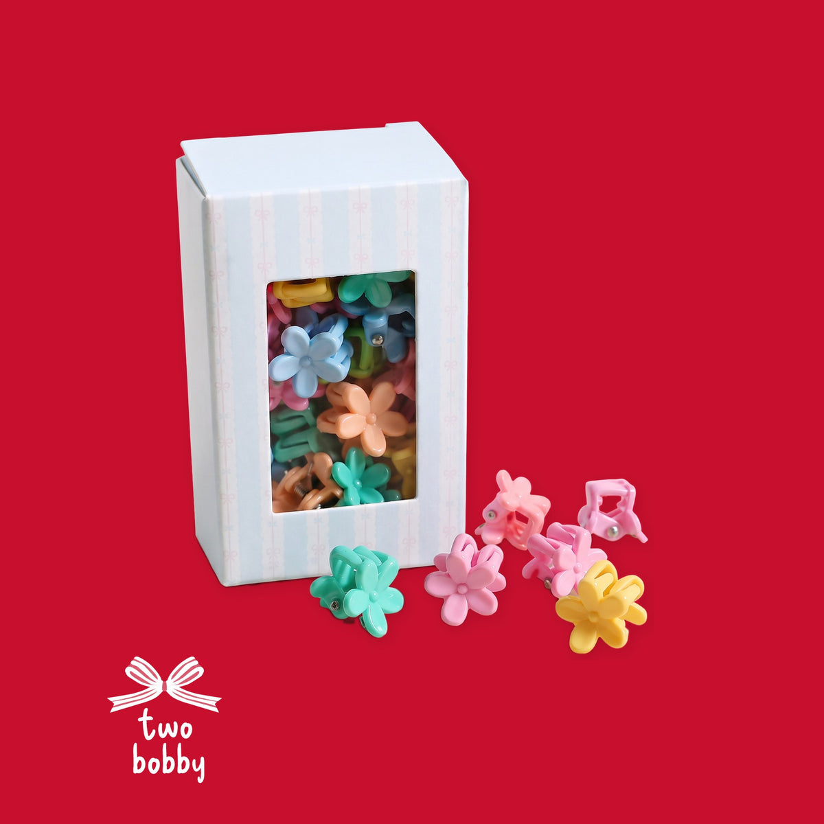 Flower Power Mini Claw Clips box on the two bobby red