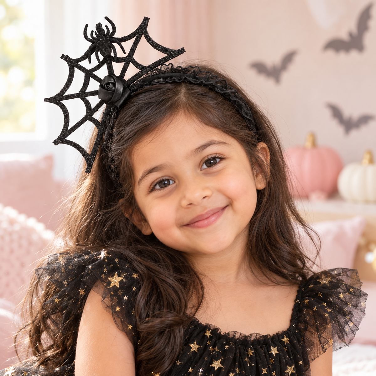 Girl wearing the Black Spider Web headband