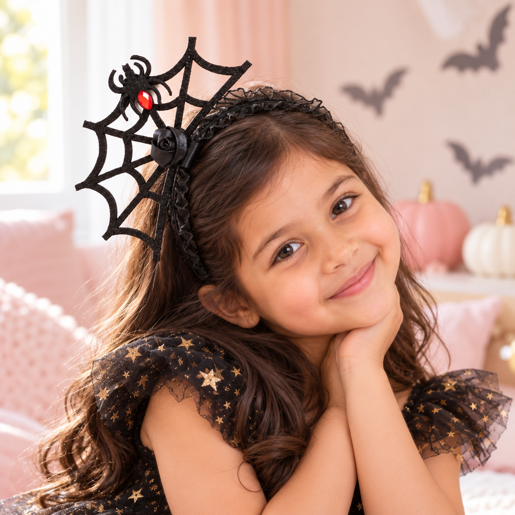 Girl wearing the Spider Web headband with red gem spider