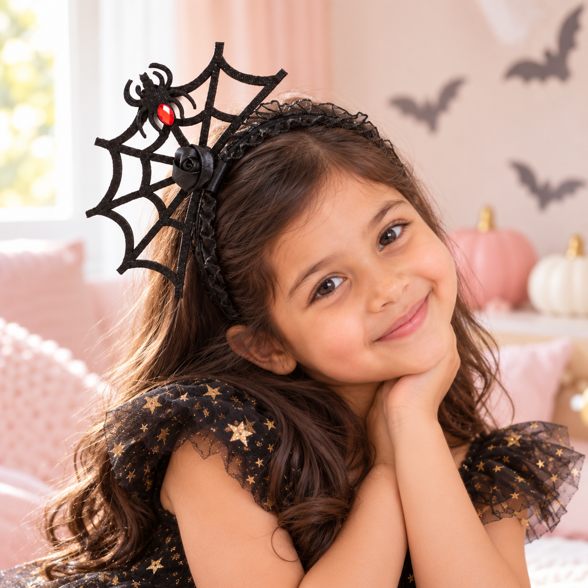 Girl wearing the Spider Web headband with red gem spider
