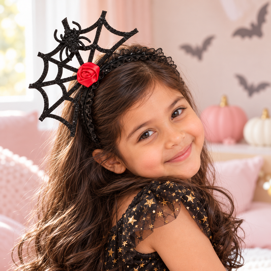 Girl wearing the Spider Web headband with red rose