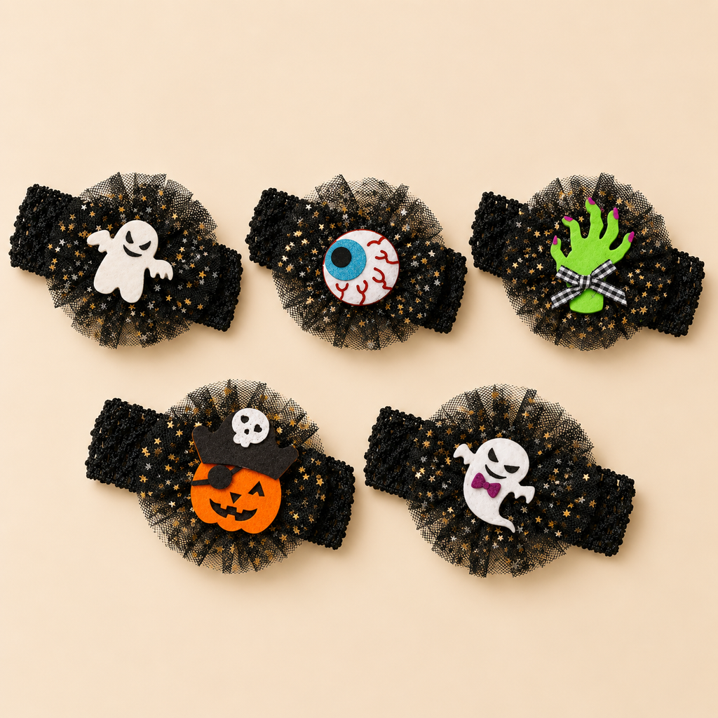 Five Halloween baby headbands in spooky designs