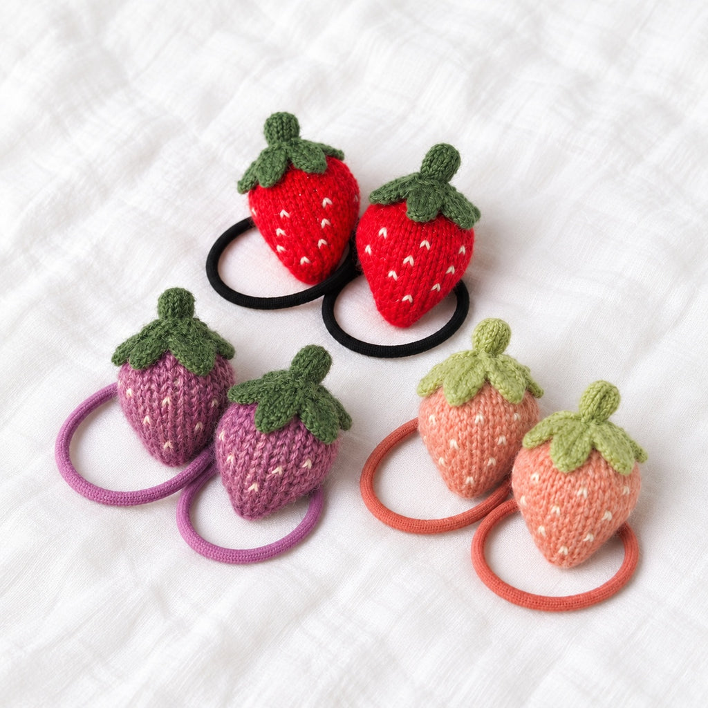 two bobby Knit Strawberry Hair Ties – Pair – red, purple and pink