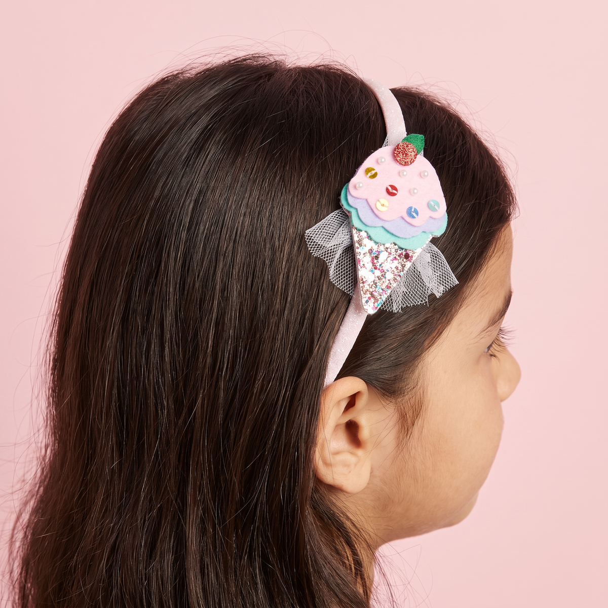 two bobby Glitter Ice Cream Headband – Pink, worn