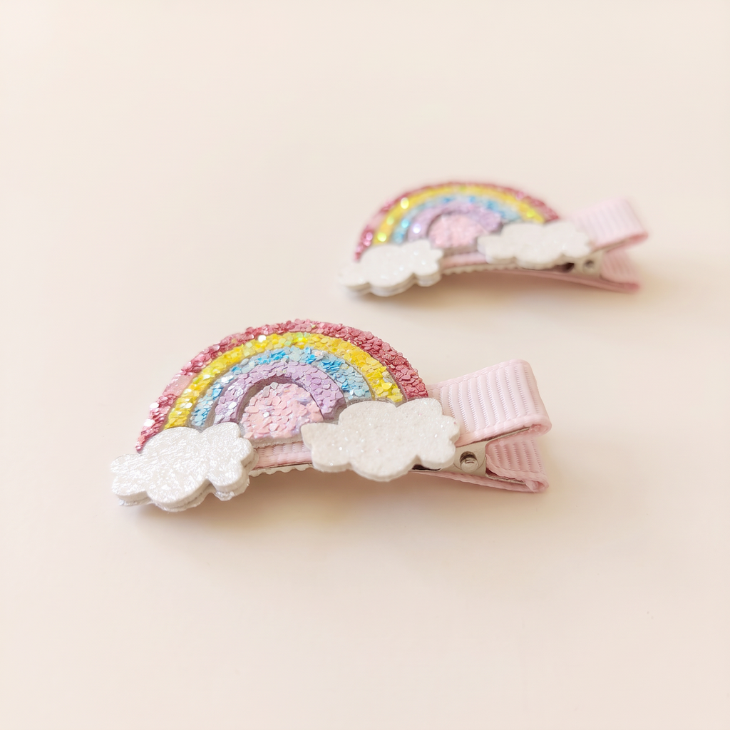 two bobby Rainbow & Cloud Glitter Clips – Pink, glitter close-up
