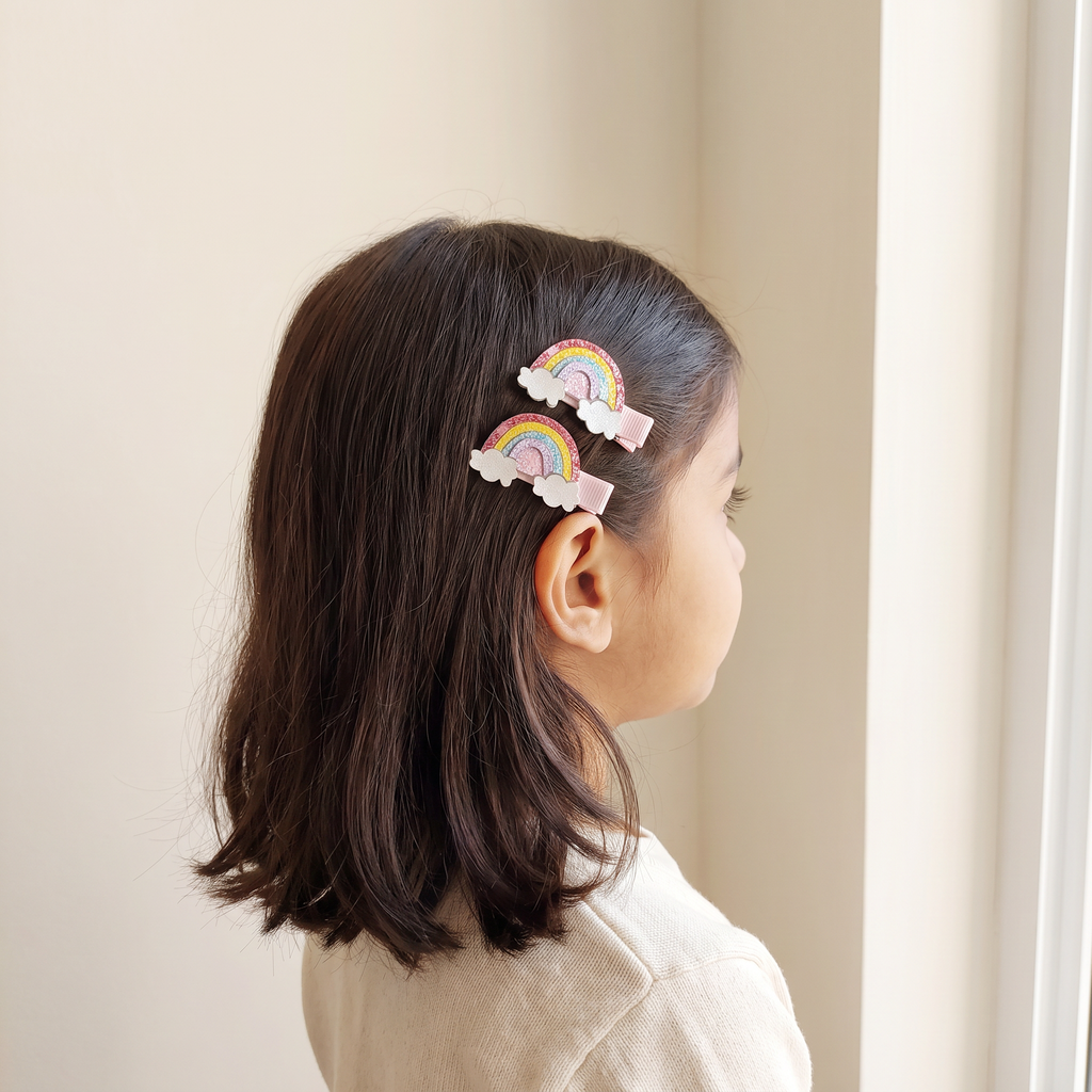 two bobby Rainbow & Cloud Glitter Clips – Pink, worn