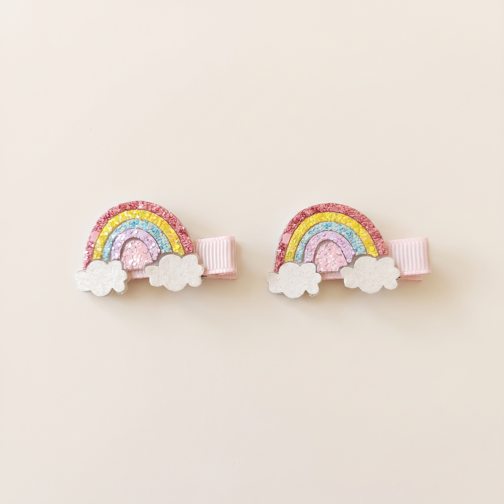 two bobby Rainbow & Cloud Glitter Clips – Pink, pair