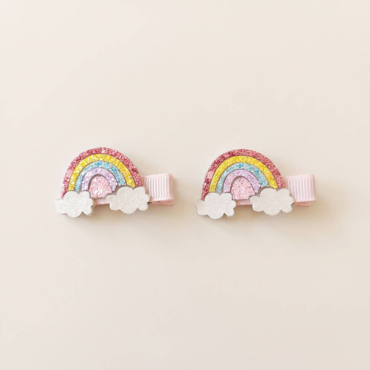 two bobby Rainbow & Cloud Glitter Clips – Pink, pair