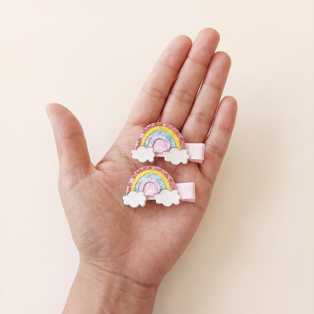 two bobby Rainbow & Cloud Glitter Clips – Pink, size in hand