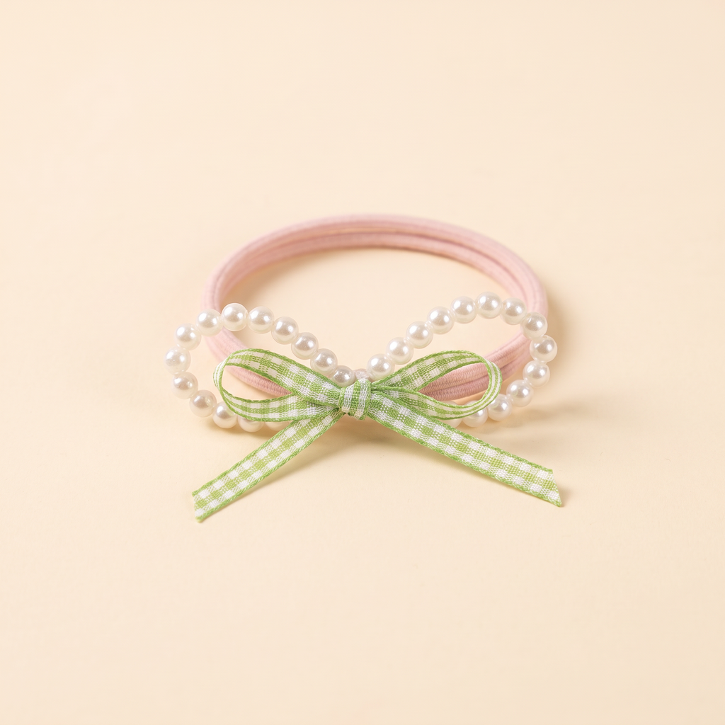 two bobby Pearl & Gingham Bow Hair Ties – Green, pearl bow close-up