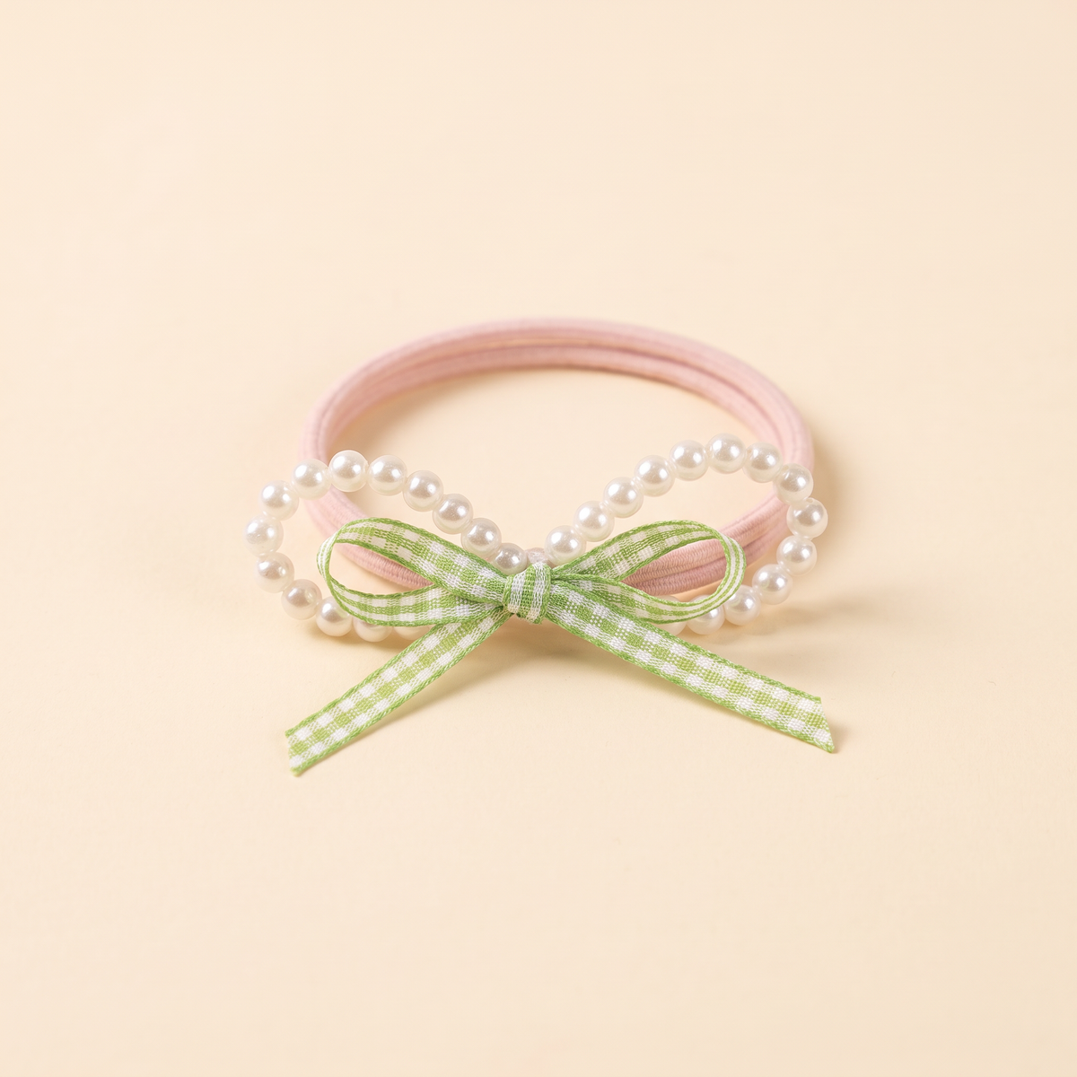two bobby Pearl & Gingham Bow Hair Ties – Green, pearl bow close-up