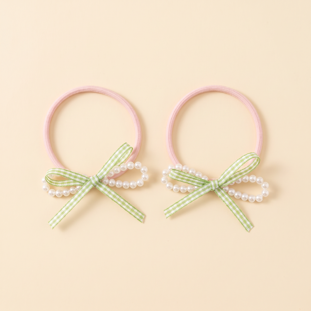two bobby Pearl & Gingham Bow Hair Ties – Green, pair