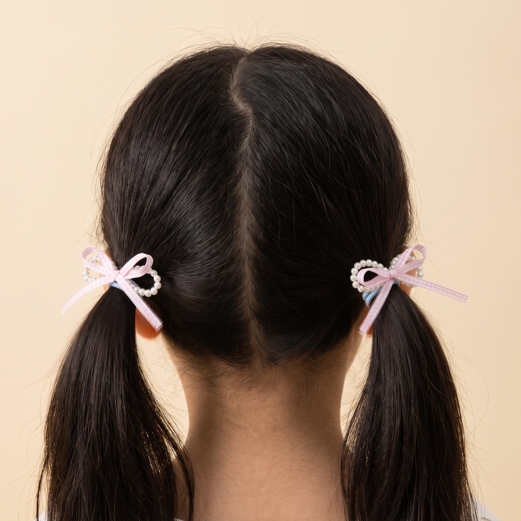 two bobby Pearl & Gingham Bow Hair Ties – Pink, worn on pigtails
