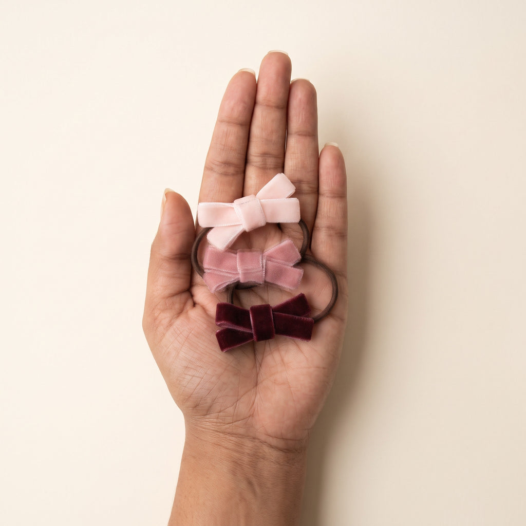 two bobby Velvet Bow Hair Ties – Set of 3 – size in hand, each bow about 5 cm wide