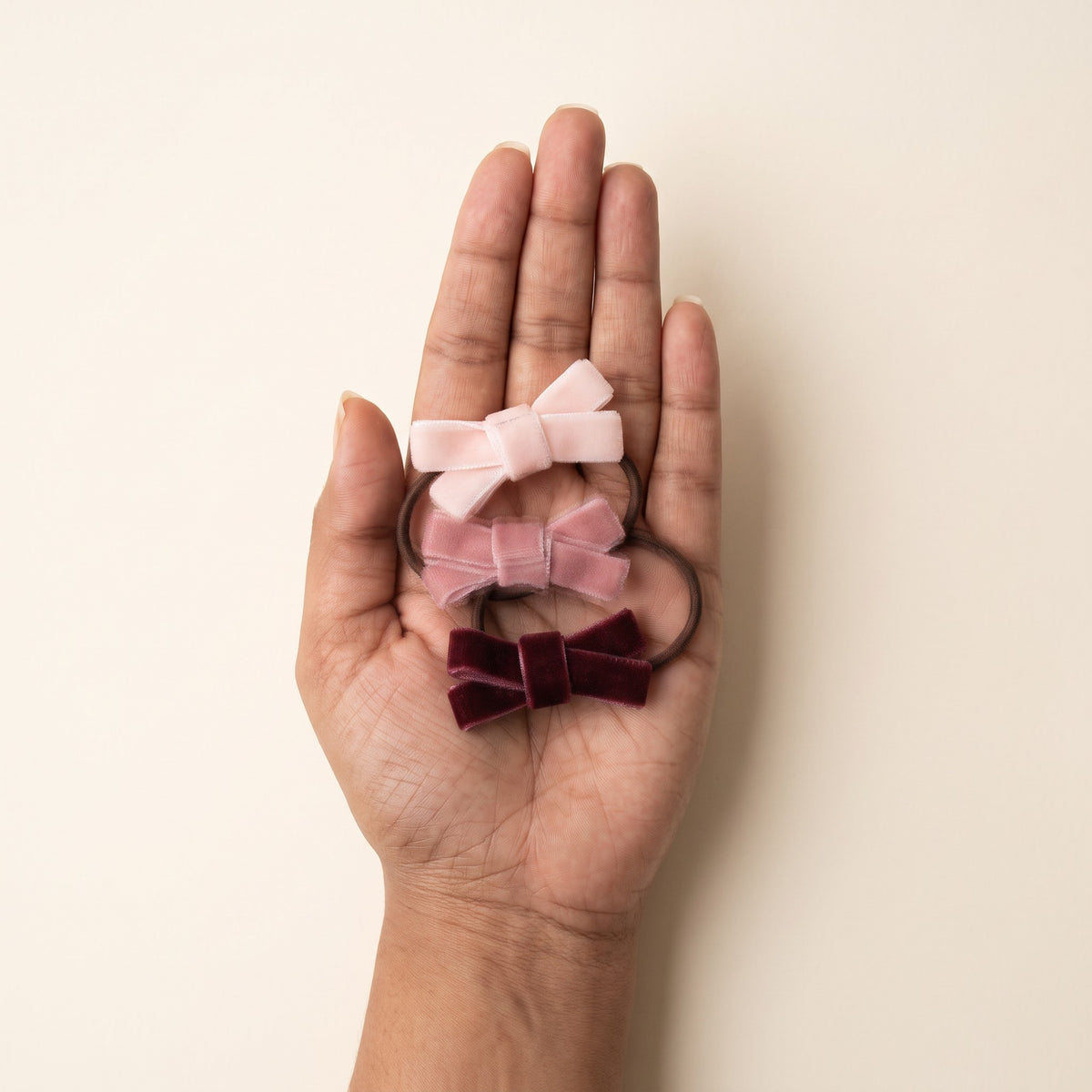two bobby Velvet Bow Hair Ties – Set of 3 – size in hand, each bow about 5 cm wide